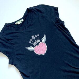 Y2K Mcbling angel wings heart and crown black slim fit tee